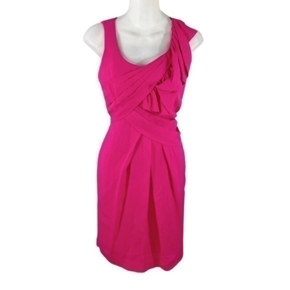 BCBGMaxazria hot pink pleated drape silk sheath dress L30